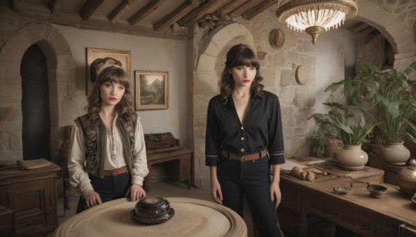 long hair,bangs,multiple girls,brown hair,shirt,long sleeves,hat,2girls,brown eyes,closed mouth,standing,white shirt,open clothes,collared shirt,belt,pants,indoors,vest,lips,black shirt,dress shirt,makeup,buttons,wavy hair,chair,black pants,table,plant,lipstick,buckle,headwear removed,jeans,clock,potted plant,brown belt,lamp,partially unbuttoned,brown vest,map,ceiling light,high-waist pants,cabinet,chest of drawers,looking at viewer,black hair,collarbone,blunt bangs,looking to the side,looking away,blouse,scenery,realistic,arms at sides,red lips,wall,vase,ivy