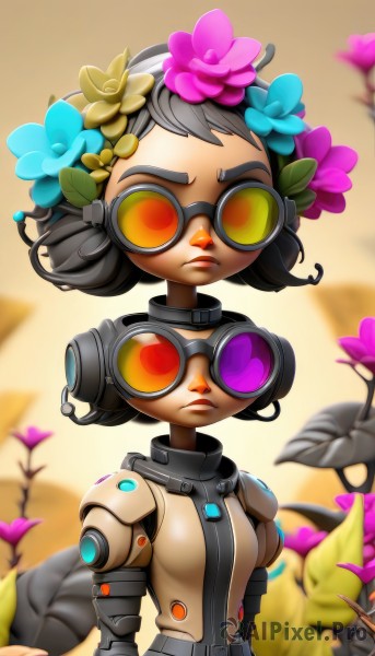 1girl,solo,breasts,short hair,multiple girls,black hair,hair ornament,2girls,upper body,flower,grey hair,heart,small breasts,hair flower,dark skin,dark-skinned female,lips,frown,leaf,goggles,tinted eyewear,looking at viewer,artist name,cyborg