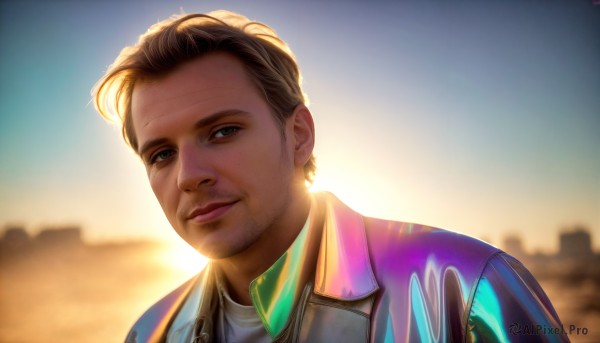 HQ,solo,looking at viewer,smile,short hair,brown hair,shirt,black hair,1boy,closed mouth,green eyes,jacket,upper body,male focus,outdoors,sky,artist name,signature,dark skin,blurry,blurry background,facial hair,portrait,freckles,realistic,stubble,desert,brown eyes,white shirt,lips,backlighting,sunset,nose,purple jacket