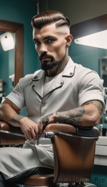 solo,looking at viewer,short hair,brown hair,shirt,black hair,1boy,brown eyes,jewelry,sitting,white shirt,short sleeves,male focus,multicolored hair,earrings,pants,indoors,blurry,black eyes,tattoo,buttons,blurry background,facial hair,chair,piercing,ring,ear piercing,beard,sleeves rolled up,realistic,mustache,stud earrings,arm tattoo,undercut,ceiling light,sitting backwards,closed mouth,jacket,lips,white jacket,nose,stool,on chair,mohawk