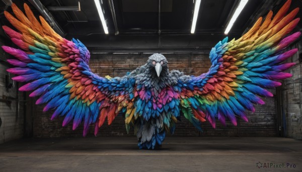 solo,wings,indoors,pokemon (creature),no humans,bird,feathers,scenery,ceiling,spread wings,ceiling light,from behind,animal,feathered wings,multicolored clothes,light rays,stairs,wall,animal focus,blue wings,colorful,multiple wings,hallway,multicolored wings,rainbow order,rainbow gradient