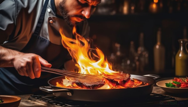 solo,shirt,1boy,holding,upper body,male focus,food,indoors,blurry,apron,vest,blurry background,facial hair,bottle,fire,beard,sleeves rolled up,bowl,realistic,stubble,cooking,meat,frying pan,arm hair,steak,short hair,closed mouth,white shirt,open clothes,muscular,depth of field,table,muscular male,mature male,mustache,head out of frame,chest hair,kitchen,black apron,brown apron