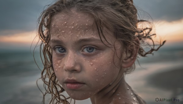 1girl, solo, looking at viewer, blue eyes, brown hair, closed mouth, blurry, lips, wet, blurry background, portrait, realistic, nose