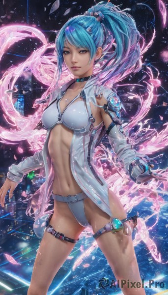 1girl,solo,long hair,breasts,looking at viewer,smile,bangs,blue eyes,hair ornament,navel,cleavage,jewelry,medium breasts,closed mouth,underwear,blue hair,standing,panties,jacket,swimsuit,ponytail,bikini,earrings,detached sleeves,open clothes,choker,belt,necklace,lips,petals,thigh strap,high ponytail,zipper,single glove,science fiction,realistic,multicolored hair,cowboy shot,stomach,watermark,web address