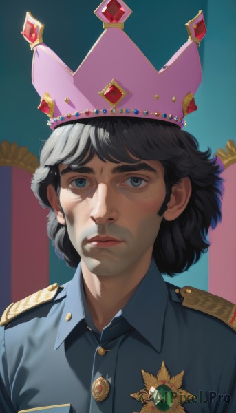 solo,looking at viewer,short hair,blue eyes,shirt,black hair,1boy,jewelry,closed mouth,upper body,male focus,collared shirt,necklace,uniform,lips,military,military uniform,blue background,thick eyebrows,crown,blue shirt,gem,portrait,epaulettes,badge,police,police uniform,throne,medal,bangs,expressionless,realistic