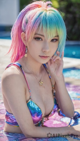 1girl,solo,long hair,breasts,looking at viewer,smile,bangs,cleavage,bare shoulders,jewelry,medium breasts,closed mouth,blue hair,collarbone,swimsuit,upper body,ponytail,pink hair,bikini,multicolored hair,earrings,outdoors,day,hand up,water,necklace,star (symbol),nail polish,blurry,black eyes,two-tone hair,lips,fingernails,grey eyes,eyelashes,aqua hair,gradient hair,depth of field,blurry background,watermark,high ponytail,bikini top only,blue bikini,pink nails,hand on own face,freckles,pink lips,realistic,nose,pool,poolside,blue eyes,green hair,artist name,multicolored clothes,head rest,star earrings,rainbow hair