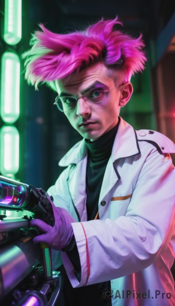 1girl,solo,looking at viewer,short hair,shirt,gloves,long sleeves,1boy,holding,closed mouth,green eyes,jacket,upper body,weapon,pink hair,male focus,multicolored hair,open clothes,glasses,holding weapon,blurry,sweater,lips,coat,gun,black shirt,makeup,blurry background,turtleneck,watermark,holding gun,eyeshadow,realistic,nose,round eyewear,labcoat,white coat,purple gloves,undercut,energy gun,mohawk,cyberpunk,blue eyes,alternate costume,artist name,depth of field,scar,white jacket,scar on face,open coat,tinted eyewear,finger on trigger,neon lights