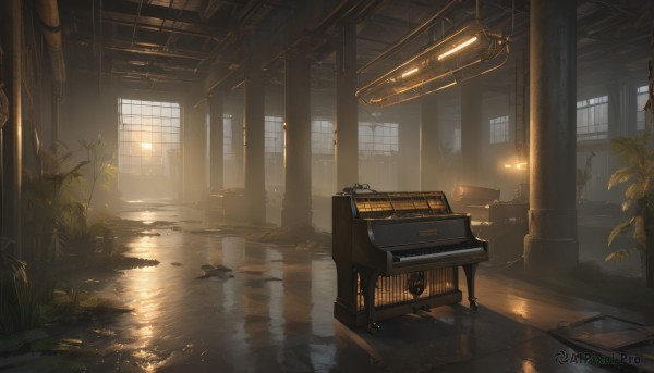 day,indoors,water,tree,no humans,window,sunlight,grass,plant,ground vehicle,scenery,motor vehicle,reflection,light rays,light,ruins,train,overgrown,chair,instrument,wooden floor,lamp,piano,ceiling light,grand piano