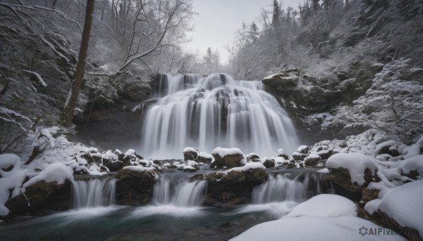 outdoors, sky, water, tree, no humans, nature, scenery, snow, forest, rock, bare tree, waterfall