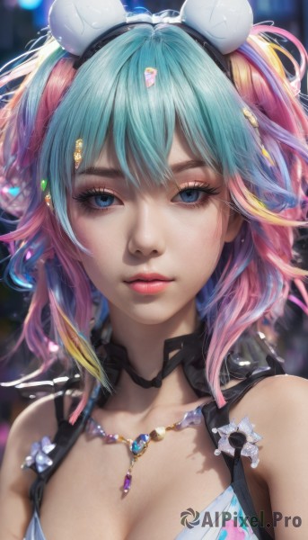 1girl,solo,breasts,looking at viewer,short hair,bangs,blue eyes,blonde hair,hair ornament,animal ears,cleavage,bare shoulders,jewelry,medium breasts,closed mouth,blue hair,collarbone,upper body,pink hair,multicolored hair,sleeveless,choker,necklace,blurry,two-tone hair,lips,streaked hair,eyelashes,aqua hair,gradient hair,makeup,blurry background,fake animal ears,gem,portrait,pendant,eyeshadow,pink lips,realistic,mouse ears,nose,mascara,hair between eyes,swimsuit,bikini,parted lips,artist name,depth of field,headphones,lipstick,close-up,beads,goggles on head