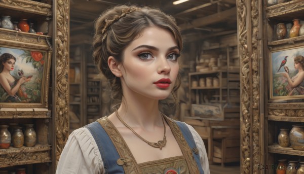 1girl,solo,long hair,looking at viewer,brown hair,shirt,hair ornament,dress,holding,brown eyes,jewelry,collarbone,upper body,braid,parted lips,indoors,necklace,hair bun,lips,grey eyes,makeup,bird,single hair bun,bottle,lipstick,realistic,red lips,paintbrush,shelf,jar,painting (object),painting (action),eyelashes,fruit,portrait,gold trim,apple,mascara,portrait (object)