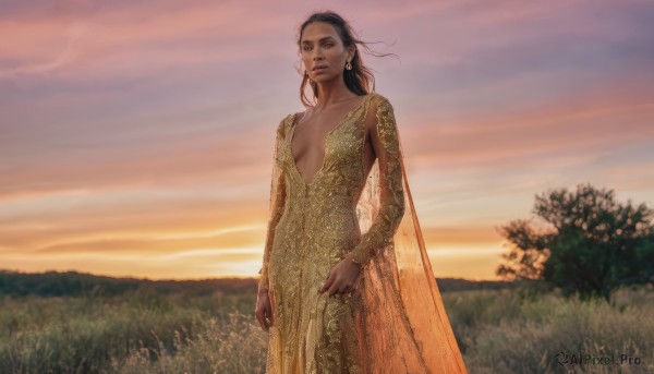 The serene presence of a female in a lush sunset outdoors