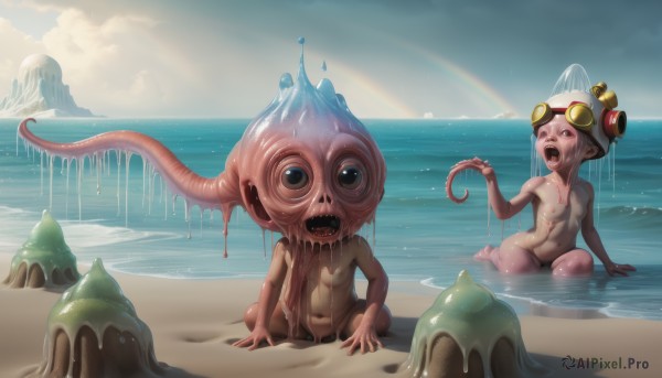 1girl,open mouth,1boy,navel,sitting,nipples,nude,outdoors,sky,teeth,day,tongue,cloud,water,blue sky,wet,ocean,beach,goggles,tentacles,goggles on head,monster,sand,rainbow,octopus,what,solo,short hair,flat chest,loli,scenery,horizon,creature,slime (substance)