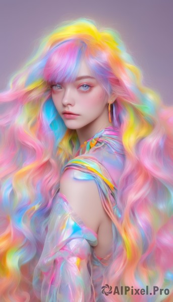 1girl,solo,long hair,looking at viewer,bangs,blue eyes,blonde hair,simple background,bare shoulders,jewelry,very long hair,closed mouth,blue hair,upper body,pink hair,multicolored hair,earrings,detached sleeves,from side,lips,see-through,gradient,gradient background,eyelashes,makeup,wavy hair,eyeshadow,purple background,pink lips,multicolored eyes,realistic,nose,colorful,rainbow gradient,rainbow hair,looking back,orange hair,gradient hair,heterochromia,expressionless