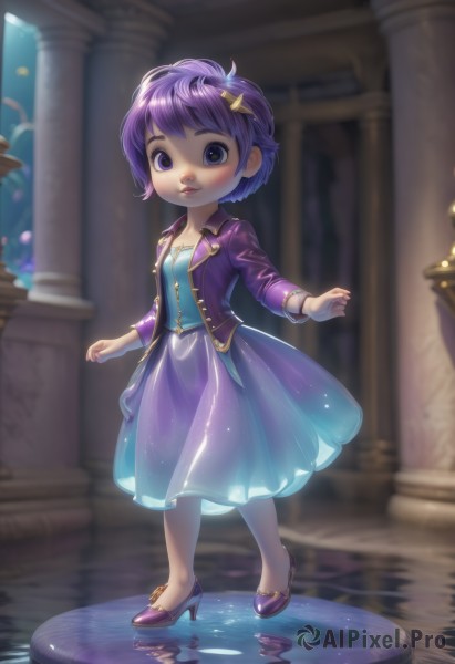 1girl,solo,looking at viewer,blush,smile,short hair,skirt,hair ornament,long sleeves,dress,jewelry,closed mouth,standing,purple eyes,jacket,full body,purple hair,open clothes,shoes,hairclip,indoors,water,nail polish,blurry,high heels,bracelet,open jacket,lips,see-through,child,purple dress,purple footwear,pillar,column,breasts,depth of field,blurry background,purple nails,purple jacket