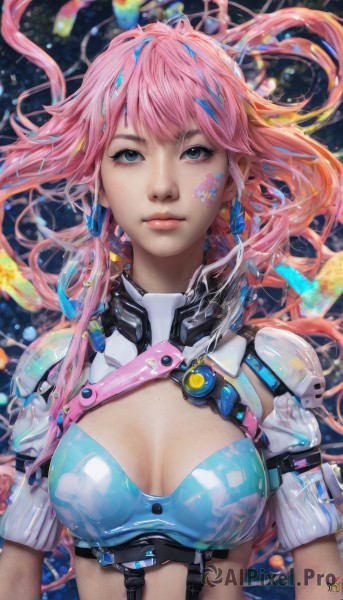 1girl,solo,long hair,breasts,looking at viewer,bangs,blue eyes,cleavage,jewelry,medium breasts,closed mouth,blue hair,upper body,pink hair,short sleeves,multicolored hair,earrings,mole,lips,tattoo,makeup,floating hair,realistic,nose,midriff,expressionless,science fiction,bubble,cyberpunk