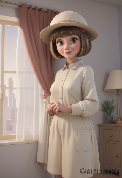 1girl,solo,breasts,looking at viewer,blush,smile,short hair,bangs,brown hair,long sleeves,hat,dress,brown eyes,closed mouth,standing,indoors,blunt bangs,white dress,lips,window,buttons,white headwear,bob cut,own hands together,plant,curtains,pocket,collared dress,potted plant,lamp,hair ornament,hairclip,nose,red lips