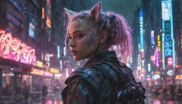 1girl, solo, looking at viewer, animal ears, jewelry, jacket, upper body, ponytail, pink hair, earrings, outdoors, looking back, cat ears, bag, blurry, lips, night, blurry background, backpack, rain, city, realistic, nose, cyberpunk, neon lights