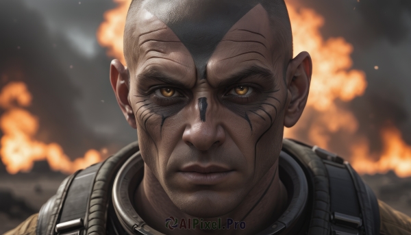 solo,looking at viewer,1boy,brown eyes,closed mouth,yellow eyes,male focus,blurry,blurry background,facial mark,fire,portrait,serious,realistic,bald,explosion,dark skin,lips,scar,scar on face,close-up,very short hair,spacesuit,mohawk,astronaut