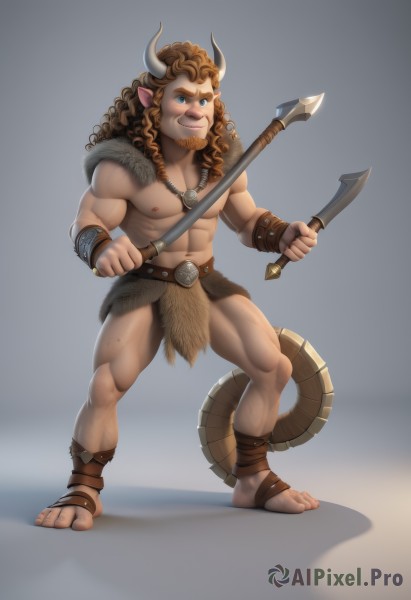 solo,long hair,looking at viewer,smile,blue eyes,brown hair,1boy,navel,holding,animal ears,jewelry,nipples,standing,full body,weapon,male focus,thighs,horns,pointy ears,belt,necklace,stomach,holding weapon,muscular,facial hair,thick thighs,abs,pectorals,muscular male,bara,pelvic curtain,beard,large pectorals,curly hair,topless male,shield,mature male,goatee,cow ears,cow horns,bracer,axe,bare pectorals,chest hair,loincloth,navel hair,holding axe,cow boy,tooth necklace,tail,barefoot,thick eyebrows,bulge,realistic,chinese zodiac,holding polearm,holding shield,holding hammer,weibo logo,greek clothes