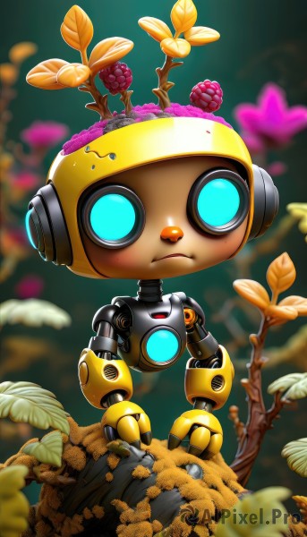 solo,blue eyes,standing,full body,flower,outdoors,blurry,tree,no humans,blurry background,leaf,robot,mecha,humanoid robot,non-humanoid robot,looking at viewer,1boy,male focus,plant,branch,joints,robot joints