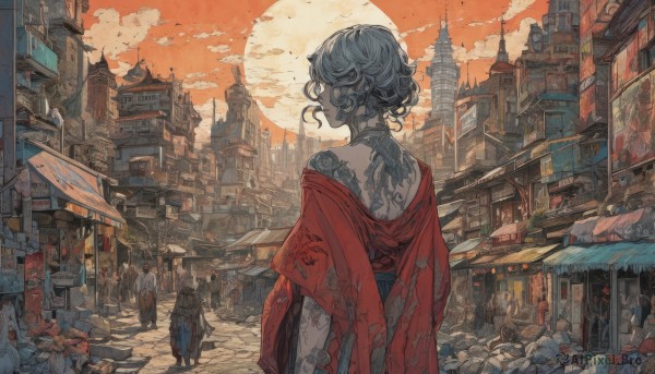 1girl,short hair,bare shoulders,jewelry,standing,grey hair,earrings,outdoors,sky,solo focus,cloud,off shoulder,from behind,tattoo,back,moon,building,scenery,full moon,6+boys,robe,city,fantasy,facing away,road,cityscape,arm tattoo,architecture,multiple others,east asian architecture,street,crowd,neck tattoo,town,back tattoo,red sky,people,6+others,white hair,japanese clothes,multiple boys,looking back,red kimono,shoulder tattoo,tower,statue,ambiguous gender