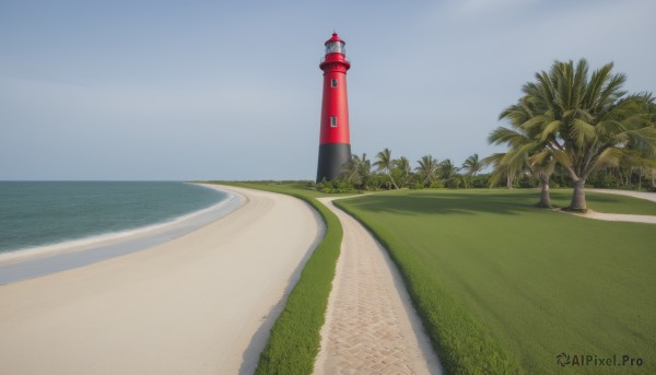 outdoors,sky,day,cloud,water,tree,blue sky,no humans,ocean,beach,grass,building,scenery,sand,palm tree,horizon,clock,road,tower,shore,path,shadow,bush,traffic cone,lighthouse