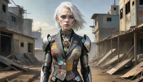 HQ,1girl,solo,breasts,looking at viewer,short hair,blue eyes,jewelry,medium breasts,closed mouth,upper body,white hair,earrings,outdoors,parted lips,sky,day,cloud,armor,blue sky,lips,grey eyes,bodysuit,scar,facial mark,wind,shoulder armor,building,science fiction,realistic,nose,ruins,badge,dirty,power armor,debris,dirty face,makeup,scar on face,pauldrons,emblem,cyborg,cyberpunk