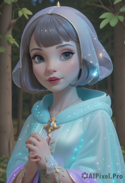 1girl,solo,looking at viewer,short hair,bangs,blue eyes,brown hair,dress,jewelry,green eyes,upper body,grey hair,outdoors,parted lips,teeth,artist name,hood,wide sleeves,necklace,blurry,bracelet,tree,lips,eyelashes,makeup,blurry background,leaf,watermark,bob cut,own hands together,plant,lipstick,nature,veil,web address,eyeshadow,forest,freckles,nose,red lips,black hair,long sleeves,blunt bangs,cape,nail polish,fingernails,hands up,blue dress,gem