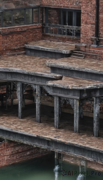 outdoors,water,tree,no humans,building,scenery,reflection,stairs,railing,bridge,indoors,window,chair,table,door,brick wall