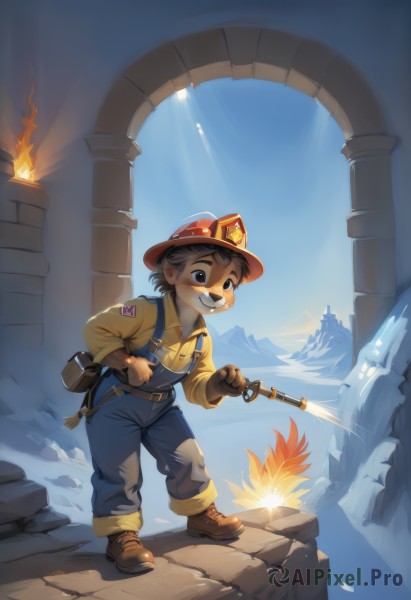 solo,smile,open mouth,brown hair,shirt,gloves,long sleeves,1boy,hat,holding,standing,full body,weapon,male focus,boots,outdoors,sky,teeth,belt,pants,sword,grin,black eyes,facial hair,brown footwear,fire,child,red headwear,furry,yellow shirt,overalls,furry male,male child,looking at viewer,short hair,blue eyes,shoes,day,collared shirt,blue sky,sunlight,thick eyebrows,brown gloves,light rays,rock,leather,pillar,blue overalls