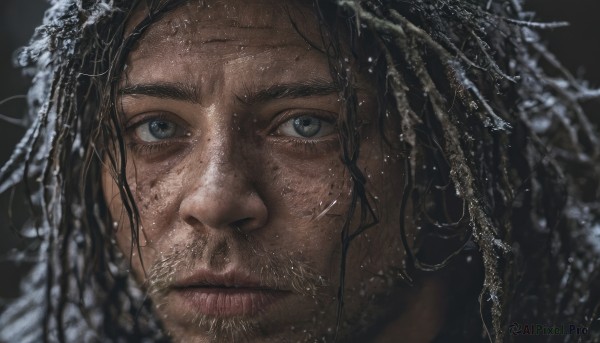 solo,long hair,looking at viewer,blue eyes,black hair,1boy,closed mouth,male focus,dark skin,water,blurry,lips,wet,grey eyes,facial hair,portrait,beard,close-up,realistic,depth of field,stubble