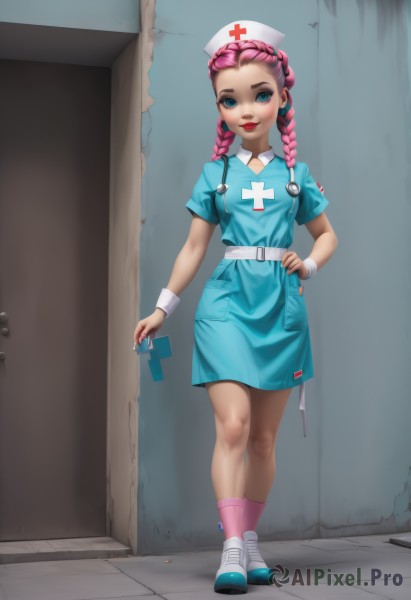 1girl,solo,long hair,breasts,looking at viewer,smile,blue eyes,hat,dress,holding,closed mouth,standing,full body,pink hair,braid,short sleeves,multicolored hair,small breasts,parted lips,shoes,socks,belt,indoors,nail polish,mole,twin braids,two-tone hair,lips,head tilt,hand on hip,wrist cuffs,makeup,blue dress,short dress,white footwear,cross,lipstick,wristband,red nails,eyeshadow,nurse cap,door,collared dress,tiles,red lips,nurse,tile floor,red cross,pink socks,cracked wall,hair ornament,artist name,hair over shoulder,pocket,pink lips,nose,name tag,white belt