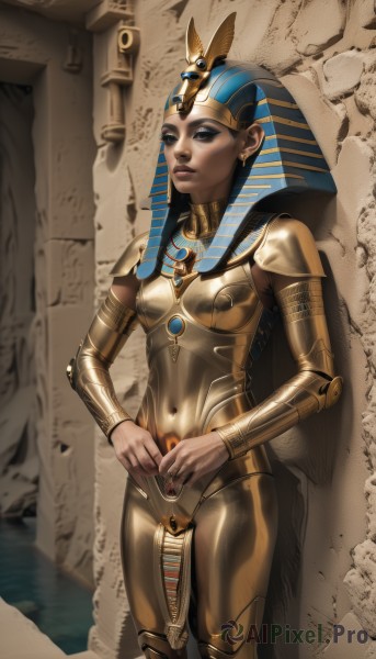 1girl,solo,breasts,blue eyes,black hair,navel,jewelry,standing,earrings,small breasts,dark skin,nail polish,armor,dark-skinned female,lips,covered navel,makeup,ring,lipstick,realistic,nose,headdress,against wall,egyptian,egyptian clothes,gorget,gold armor,ankh,eye of horus,looking at viewer,shiny,black eyes,skin tight,shiny clothes