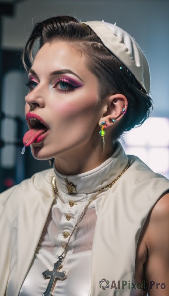 1girl,solo,breasts,looking at viewer,short hair,open mouth,blue eyes,black hair,hat,jewelry,medium breasts,upper body,earrings,teeth,sleeveless,tongue,tongue out,necklace,blurry,lips,see-through,eyelashes,saliva,makeup,blurry background,white headwear,piercing,cross,lipstick,ear piercing,forehead,eyeshadow,realistic,nose,nurse cap,red lips,cross necklace,mascara,tongue piercing,eyebrow piercing,nun,cross earrings,latin cross