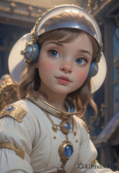 1girl,solo,looking at viewer,bangs,blue eyes,brown hair,long sleeves,dress,jewelry,upper body,parted lips,teeth,puffy sleeves,artist name,indoors,medium hair,necklace,blurry,lips,looking to the side,eyelashes,blurry background,headphones,looking away,gem,freckles,realistic,nose,female child,long hair,blush,depth of field,thick eyebrows,gold trim