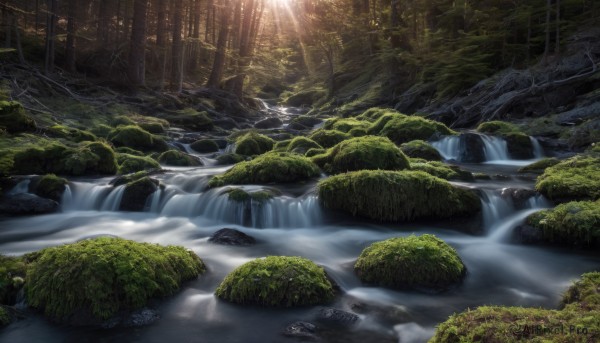 outdoors,water,tree,no humans,sunlight,building,nature,scenery,forest,light rays,rock,city,ruins,bridge,river,waterfall,landscape,cave,day,artist name,signature,sunbeam,moss