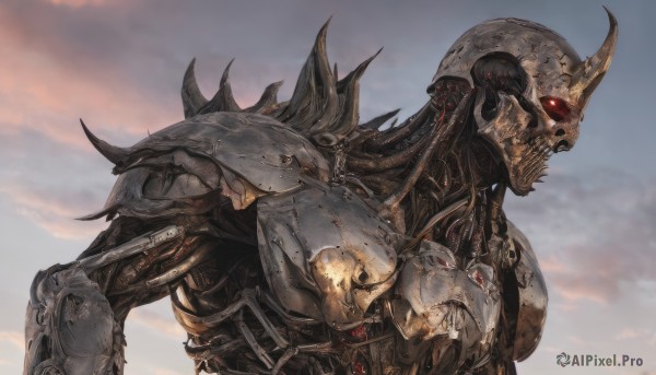 solo,red eyes,upper body,outdoors,horns,sky,teeth,cloud,armor,from side,no humans,glowing,cloudy sky,robot,mecha,glowing eyes,single horn,spikes,science fiction,skull,monster,damaged,mechanical parts,1boy,male focus,chain,sharp teeth,shoulder armor,realistic,skeleton,spine