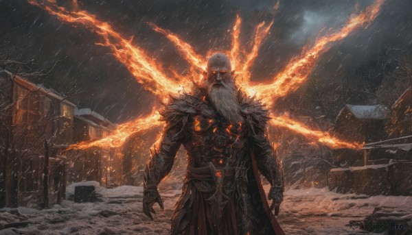 solo,long hair,looking at viewer,red eyes,1boy,standing,weapon,white hair,male focus,outdoors,wings,sky,cloud,cape,armor,tree,fur trim,glowing,facial hair,cloudy sky,fire,shoulder armor,gauntlets,building,glowing eyes,beard,snow,rain,pauldrons,breastplate,snowing,mustache,house,bare tree,embers,burning,night,scenery,fantasy,bald