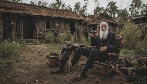 solo,long sleeves,1boy,holding,sitting,jacket,weapon,white hair,male focus,boots,outdoors,day,pants,signature,black footwear,tree,black jacket,gun,facial hair,chair,brown footwear,black pants,plant,building,scenery,beard,mustache,smoking,bald,manly,house,old,smoking pipe,old man,cigar,barrel,looking at viewer,jewelry,sky,necklace,scar,grass,rock,realistic