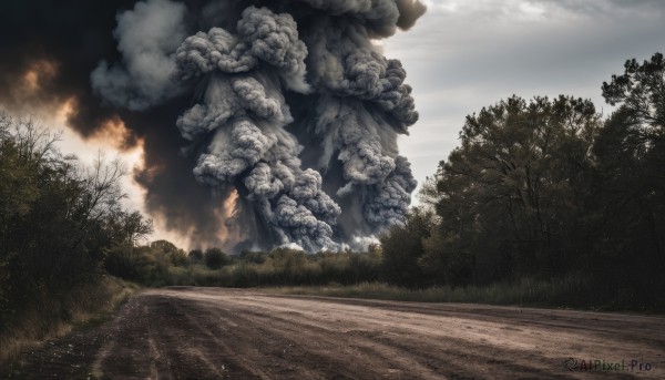 outdoors,sky,day,cloud,tree,no humans,cloudy sky,grass,fire,nature,scenery,forest,smoke,road,bush,path