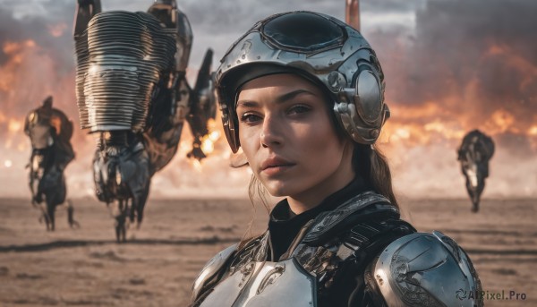 1girl,long hair,brown hair,brown eyes,weapon,outdoors,sky,solo focus,cloud,signature,armor,blurry,lips,gun,military,depth of field,blurry background,helmet,fire,robot,smoke,freckles,science fiction,realistic,explosion,soldier,war,solo,looking at viewer,aircraft,riding,horse,dirty,damaged,desert,pilot