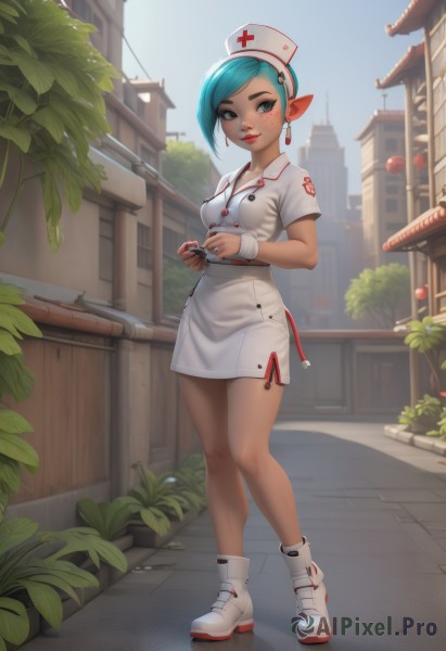 1girl,solo,breasts,looking at viewer,smile,short hair,blue eyes,hat,dress,holding,jewelry,medium breasts,blue hair,standing,full body,short sleeves,earrings,small breasts,boots,outdoors,sky,shoes,day,pointy ears,white dress,tree,lips,wrist cuffs,aqua hair,makeup,swept bangs,short dress,white footwear,thick eyebrows,cross,plant,building,freckles,city,nurse cap,potted plant,nurse,stethoscope,red cross,hair ornament,thighs,mole,mole under eye,watermark,lipstick,web address,side slit,eyeshadow,patreon username,nose,camera,red lips,ankle boots