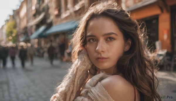 1girl, solo, long hair, looking at viewer, brown hair, bare shoulders, brown eyes, jewelry, closed mouth, upper body, earrings, outdoors, blurry, lips, depth of field, blurry background, freckles, realistic, nose, road