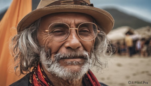 solo,looking at viewer,smile,1boy,hat,white hair,grey hair,male focus,outdoors,parted lips,glasses,teeth,day,blurry,depth of field,blurry background,facial hair,portrait,beard,realistic,round eyewear,mustache,sand,brown headwear,old,old man,cowboy hat,desert,sunglasses