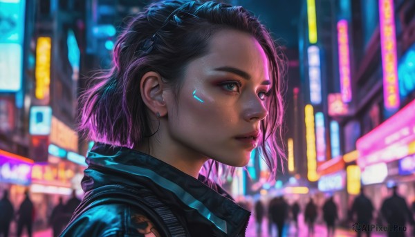 1girl, solo, short hair, blue eyes, black hair, jewelry, jacket, earrings, outdoors, parted lips, solo focus, blurry, lips, night, blurry background, science fiction, city, realistic, nose, cyberpunk, earpiece, neon lights