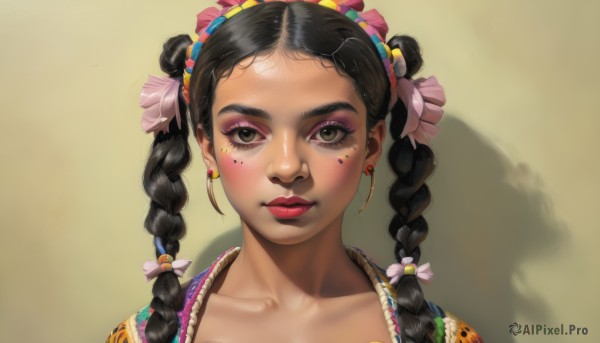 1girl,solo,long hair,looking at viewer,blush,smile,black hair,hair ornament,ribbon,brown eyes,jewelry,closed mouth,collarbone,braid,earrings,black eyes,twin braids,lips,eyelashes,makeup,shadow,lipstick,portrait,forehead,eyeshadow,realistic,red lips,mascara,multi-tied hair,multiple braids,twintails,flower,hair flower,dark skin