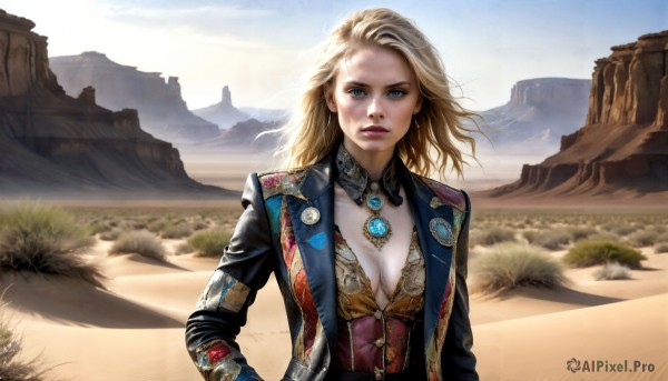 HQ,1girl,solo,long hair,breasts,looking at viewer,blue eyes,blonde hair,long sleeves,cleavage,jewelry,medium breasts,jacket,upper body,earrings,outdoors,open clothes,sky,day,necklace,open jacket,lips,makeup,grass,lipstick,brooch,wind,gem,corset,mountain,realistic,badge,dirty,landscape,desert,large breasts,parted lips,cloud,blue sky,scenery,sand,cliff