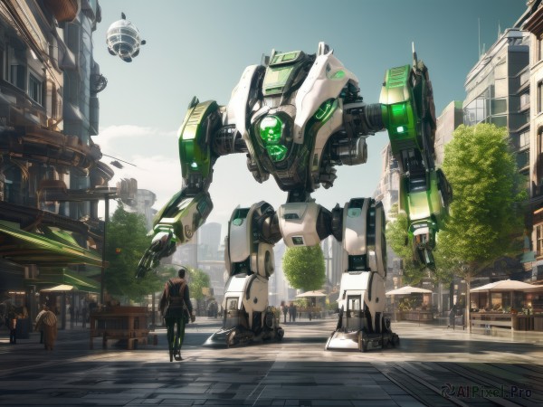 1boy,weapon,outdoors,sky,solo focus,day,tree,gun,glowing,robot,ground vehicle,building,holding gun,scenery,mecha,motor vehicle,science fiction,running,city,realistic,aircraft,car,road,street,helicopter,multiple boys,bag,backpack,walking,6+boys,lamppost,crowd,traffic light,truck