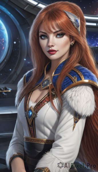 1girl,solo,long hair,breasts,looking at viewer,bangs,brown hair,hair ornament,long sleeves,cleavage,brown eyes,jewelry,medium breasts,upper body,earrings,orange hair,mole,lips,fur trim,mole under eye,makeup,cleavage cutout,lipstick,gem,star (sky),freckles,nose,red lips,space,planet,spacecraft,smile,blue eyes,very long hair,green eyes,red hair,belt,artist name,necklace,feathers,realistic,feather hair ornament